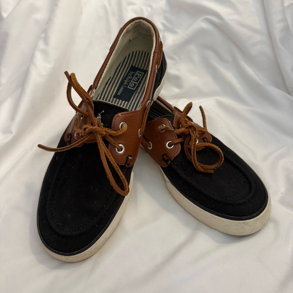 EUC Polo Ralph Lauren Rylander Black Canvas and Brown Leather Boat Shoe